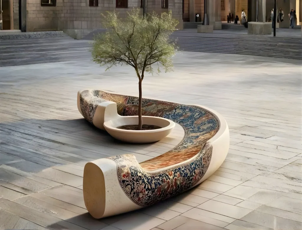 A modern curved bench with colorful mosaic patterns surrounds a small tree planted in the center, set on a spacious, paved urban plaza with steps and stone buildings in the background.