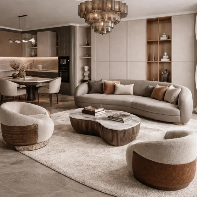 Modern living room with neutral-toned furniture, a curved sofa, two armchairs, a decorative chandelier, a sculptural coffee table, open shelving, and an adjacent dining area.