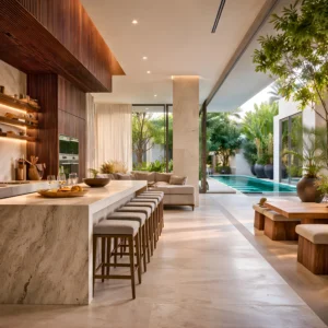Modern open-plan kitchen and living area by interioritalia, featuring a marble island, bar stools, wooden accents, and floor-to-ceiling glass doors opening to a lush garden. Natural light highlights indoor plants and cozy seating in this stunning residential interior design.