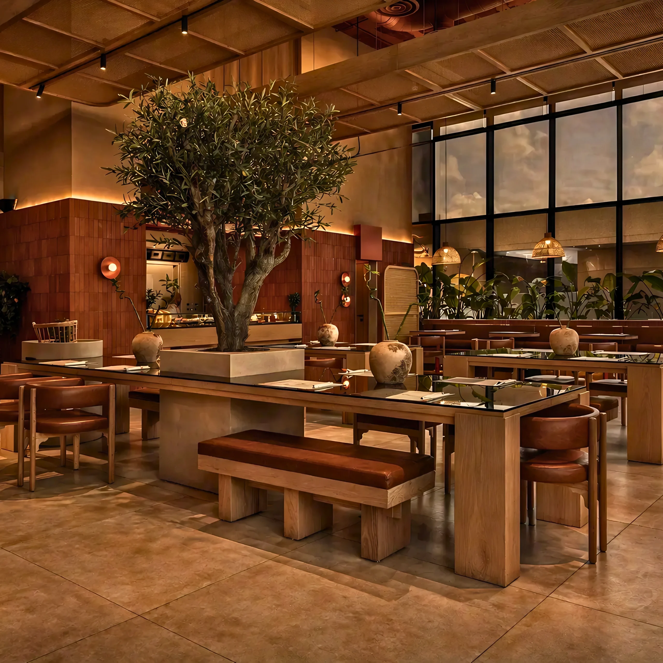 A warm, modern restaurant interior by f&b interior design by interioritalia, featuring wooden tables and benches, brown leather seating, decorative pottery, and a large tree. Floor-to-ceiling windows fill the earthy space with natural light.