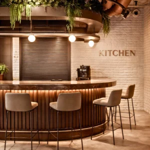 A modern kitchen area with a curved stone counter, four beige bar stools, hanging lights, green plants above, and a white brick wall with "KITCHEN"—crafted as part of an office interior design and fit out by interioritalia. A coffee machine sits on the counter.