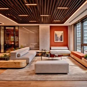 Modern office lounge with beige sofas, a low table, and large windows showcases stylish office interior design and fit out by Interioritalia. Warm lighting, wood ceiling, plants, and wall art on an orange accent wall create an inviting atmosphere.