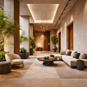 A modern, minimalist living room with neutral tones features a beige sectional sofa, round coffee table, plush chairs, potted green plants, and pendant lighting in a spacious, high-ceilinged interior.