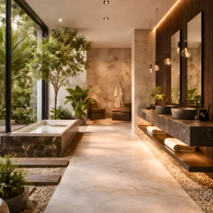 Luxurious bathroom with a sunken marble bathtub, large mirrors, modern sinks, and indoor plants. Floor-to-ceiling windows reveal lush greenery. Experience a spa-like, serene atmosphere—Residential Interior Design by InteriorItalia.