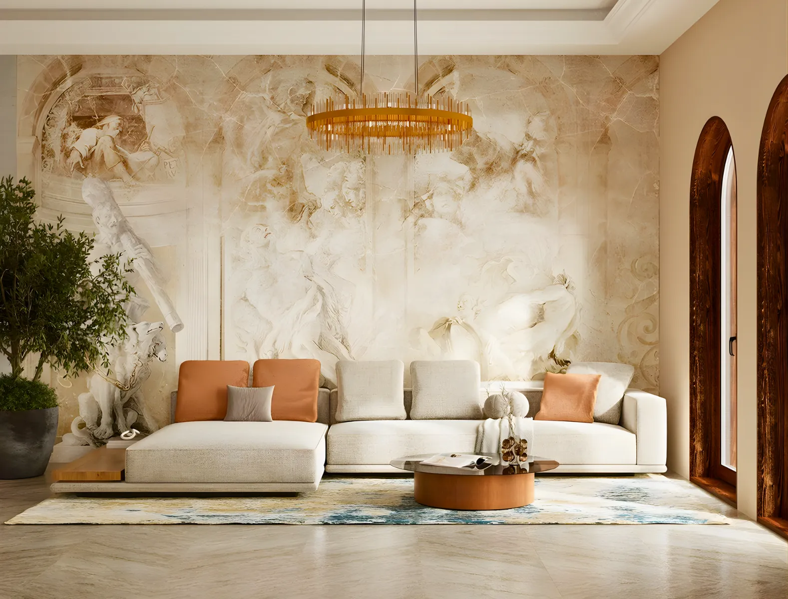 Elegant living room with a large cream sectional sofa, orange and beige cushions, a round wooden coffee table, an ornate wall mural, modern chandelier, potted plant, arched windows, and patterned rug. Residential interior fit out by interioritalia.
