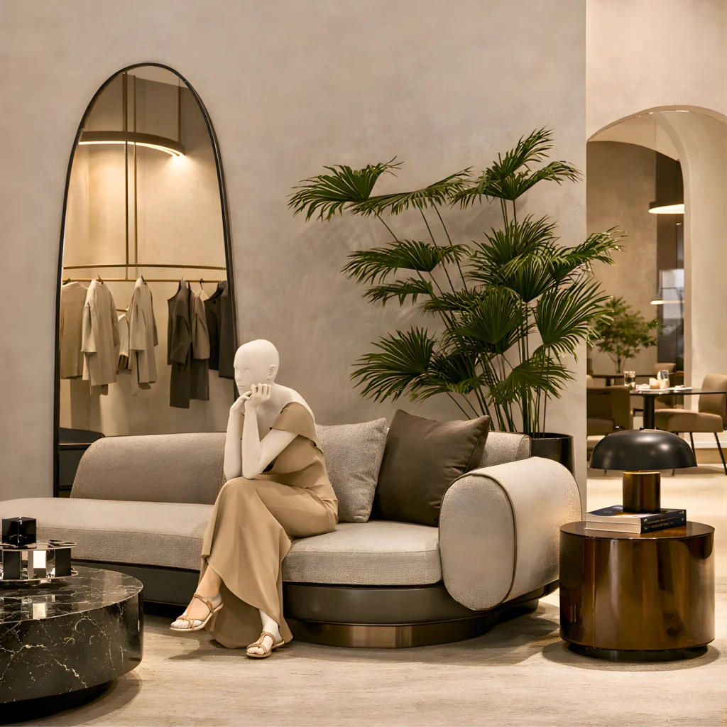 A modern, minimalist lounge with a mannequin seated on a light gray sofa, surrounded by neutral-toned decor, tall mirror, potted plant, coffee table, and clothing racks—a Retail Interior fit-out by interioritalia.