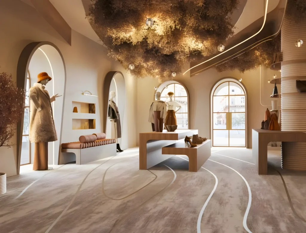 A stylish boutique with elegant mannequins dressed in neutral clothing, curved wooden displays, large arched windows, and a ceiling decorated with hanging foliage—showcasing retail interior design by interioritalia for a warm, inviting atmosphere.
