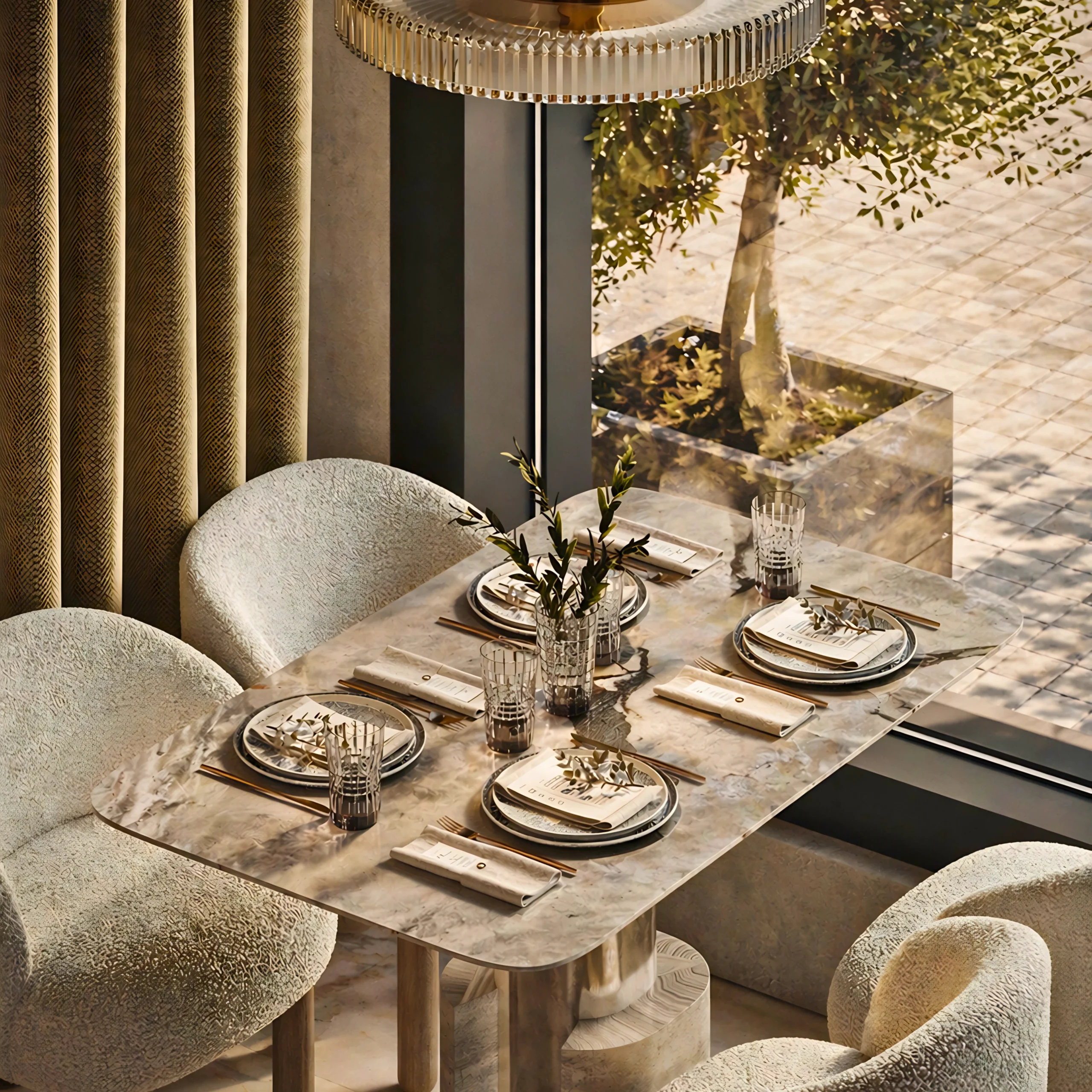 A modern dining table is elegantly set for four, featuring a foliage centerpiece. Curved, textured chairs by large windows complete the look—an inviting f&b interior fit-out by interioritalia.