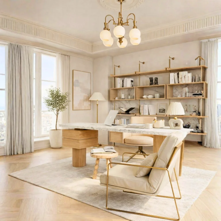 Bright, elegant home office with a marble desk, cream armchair, shelves with books and decor, large windows with light curtains, a potted plant, and modern gold-accented lighting on a light rug and wood floor.