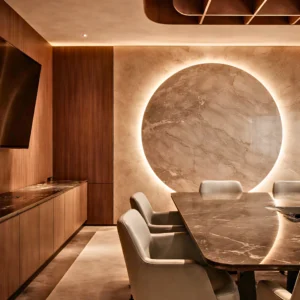 A modern conference room with a marble table, gray chairs, wood paneling, and a large circular marble wall feature illuminated with backlighting—showcasing office interior design and fit out by InteriorItalia. Warm lighting enhances the inviting atmosphere.