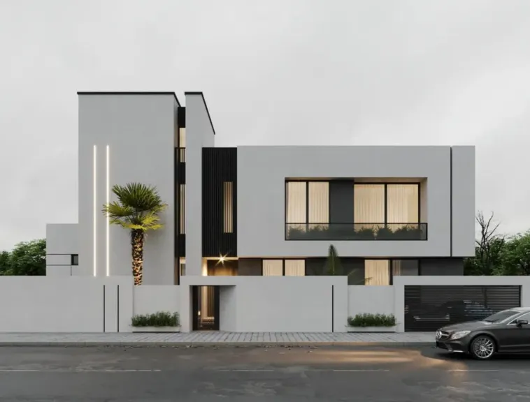 Modern two-story house with a minimalist design, white facade, large windows, vertical light features, and a palm tree in front. A black car is parked on the street beside a sleek fence and gate.