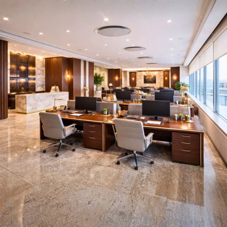 Modern open-plan office with rows of desks, computers, and swivel chairs on a shiny marble floor. Large windows reveal a cityscape and skyscrapers outside. The space has plants and glass-walled meeting rooms.