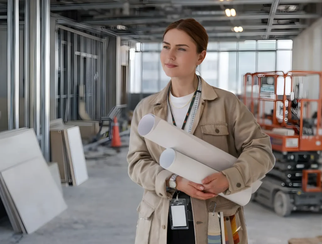 A woman in a construction site holds rolled-up blueprints, wearing a beige jacket and work badge. Behind her are metal wall frames and equipment—she looks thoughtful, focused on fit out value engineering services by InteriorItalia.