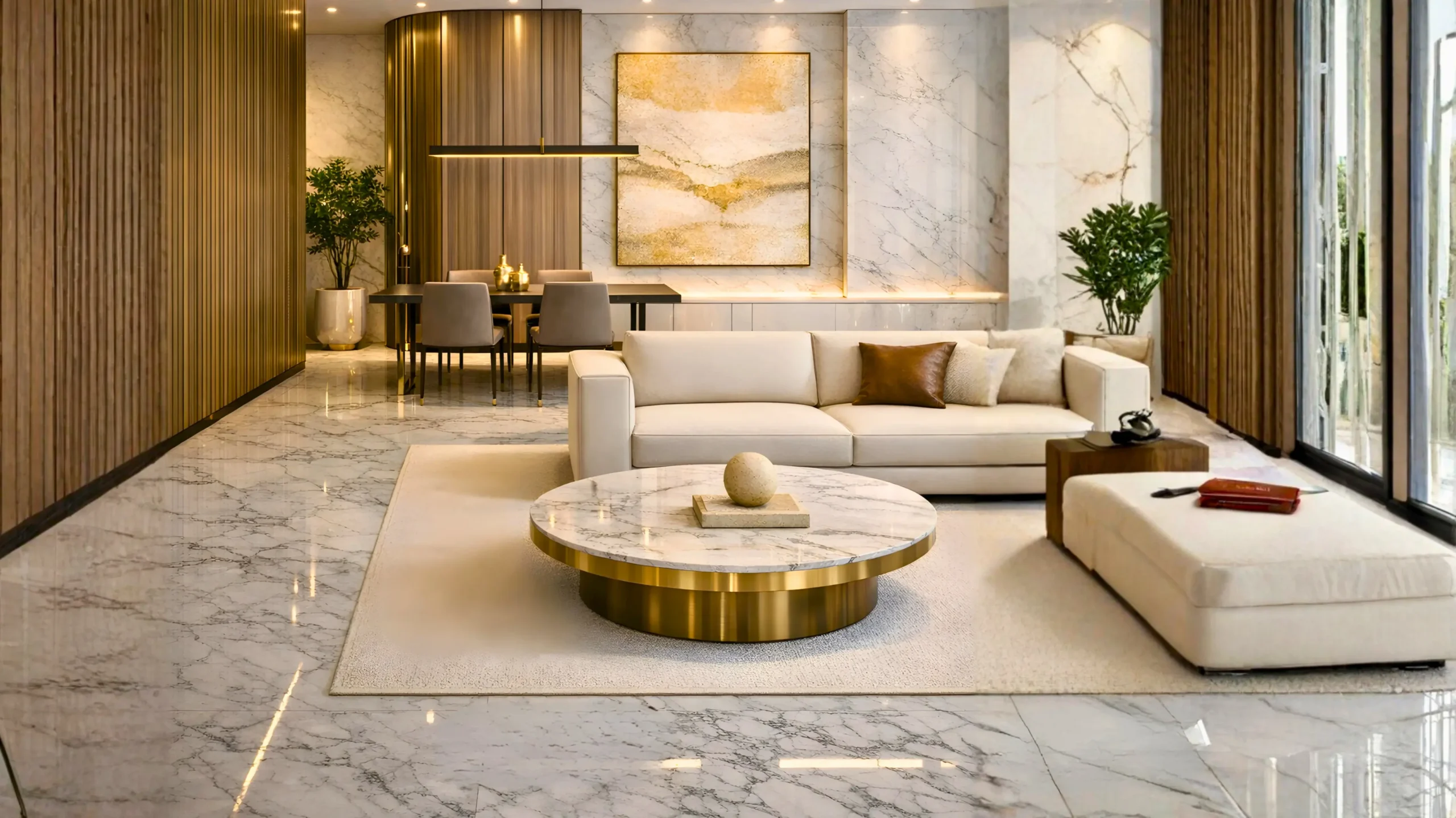 Modern living room with marble floors, a round marble coffee table, beige sofa, dining area for four, abstract wall art, and warm accent lighting—perfectly crafted by an expert interior fitout Dubai team.