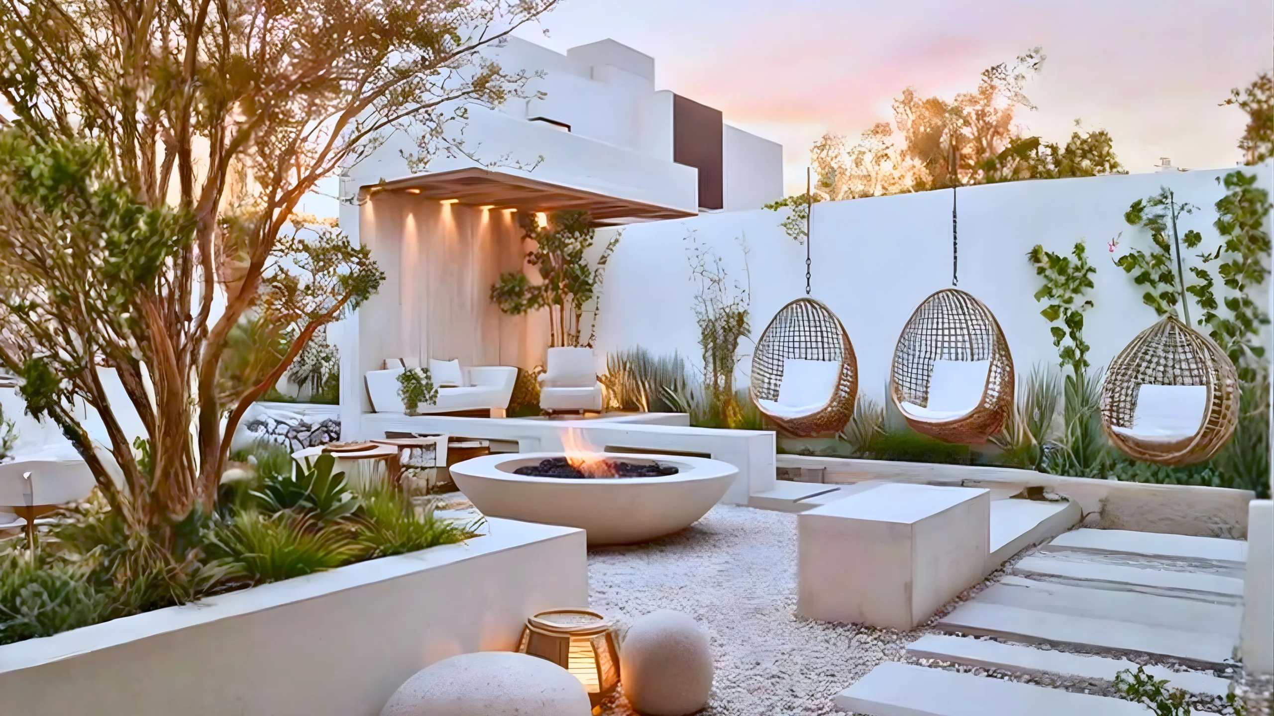 Modern outdoor patio with white seating, a round fire pit, hanging wicker chairs, lush plants, and soft lighting. White walls and clean lines create a relaxing, stylish atmosphere at sunset.