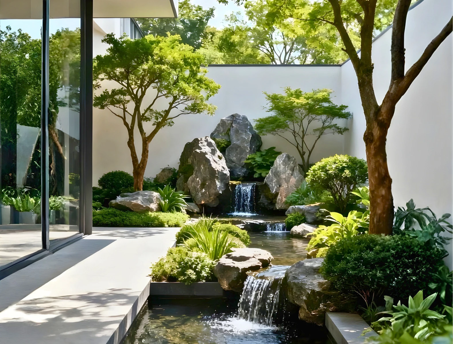 A modern courtyard garden with a small waterfall, rocks, lush green plants, and trees. Sunlight filters through the trees, creating a tranquil atmosphere beside a glass-walled building—an elegant landscape design by interioritalia.