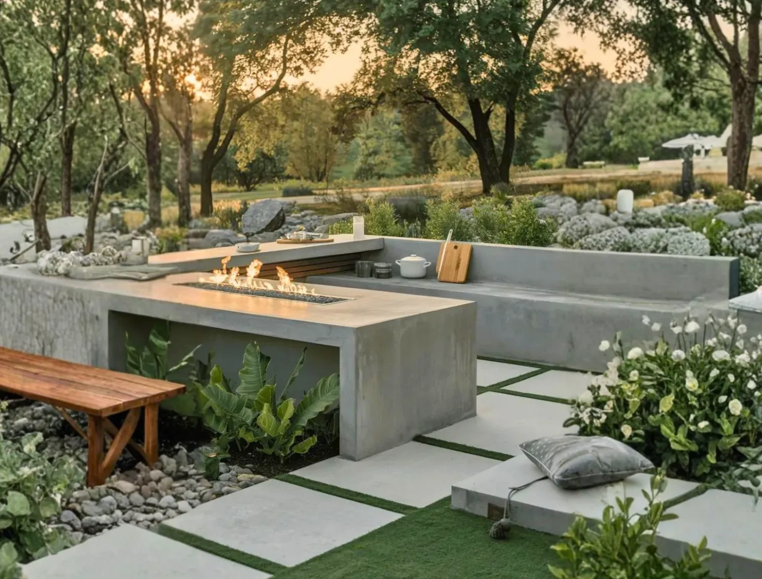 Modern outdoor kitchen with a concrete countertop and built-in fire feature, surrounded by lush greenery, trees, and stone paths. A wooden bench sits beside the kitchen under a warm, sunset sky.