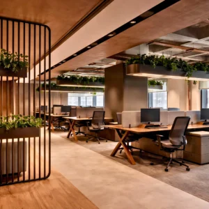 Modern open-plan office interior design and fit out by InteriorItalia, featuring rows of desks, ergonomic chairs, computer monitors, and lush greenery. Warm lighting and large windows create a welcoming, contemporary workspace.