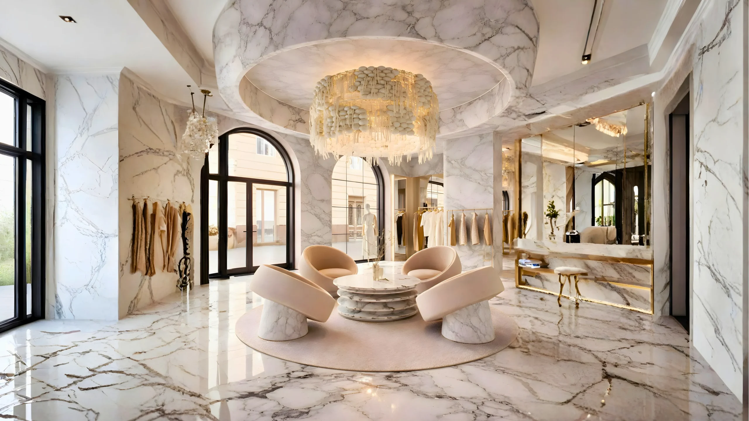 A luxurious boutique retail interior design by interioritalia with marble floors and walls, round beige chairs around a marble table, a large chandelier, elegant clothing racks, arched windows, and warm lighting.