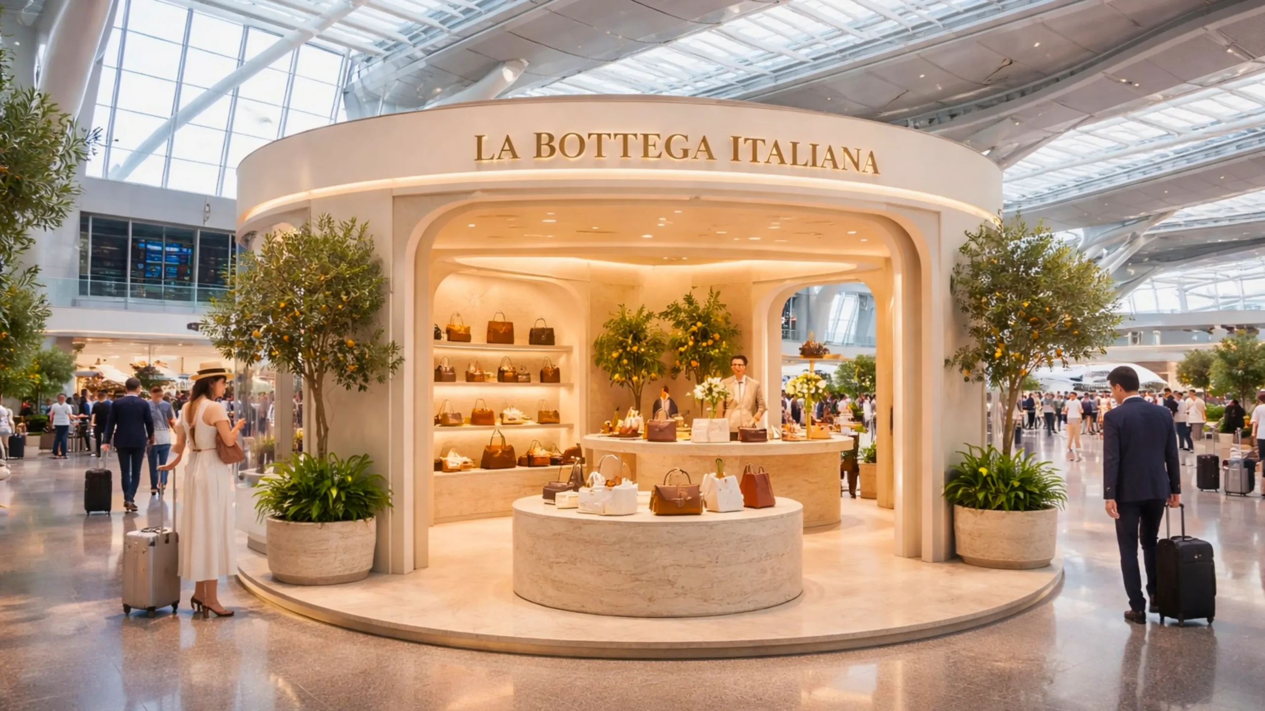 A luxury boutique named La Bottega Italiana inside a modern airport terminal, featuring retail interior design by interioritalia, displays handbags on shelves and counters as shoppers and travelers pass by under high glass ceilings and bright lighting.