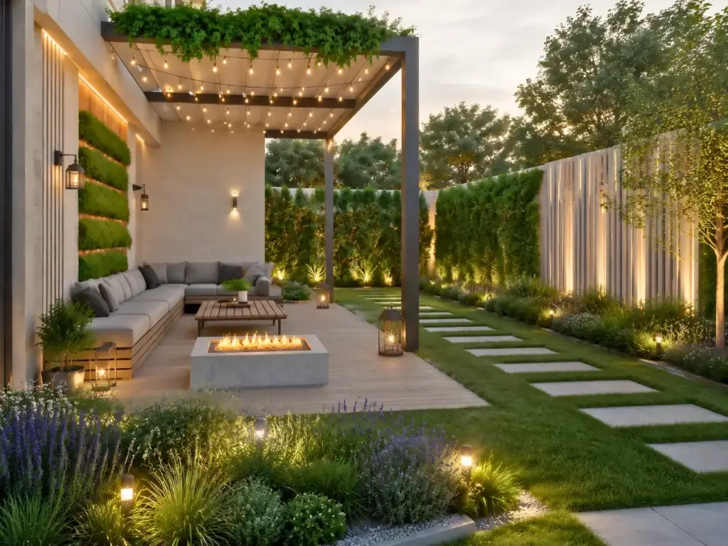 Modern backyard patio with pergola, string lights, outdoor sectional sofa, fire pit, and lush landscaping by interioritalia—featuring hedges, a stone path, and garden lanterns—all brought together with expert landscape design.