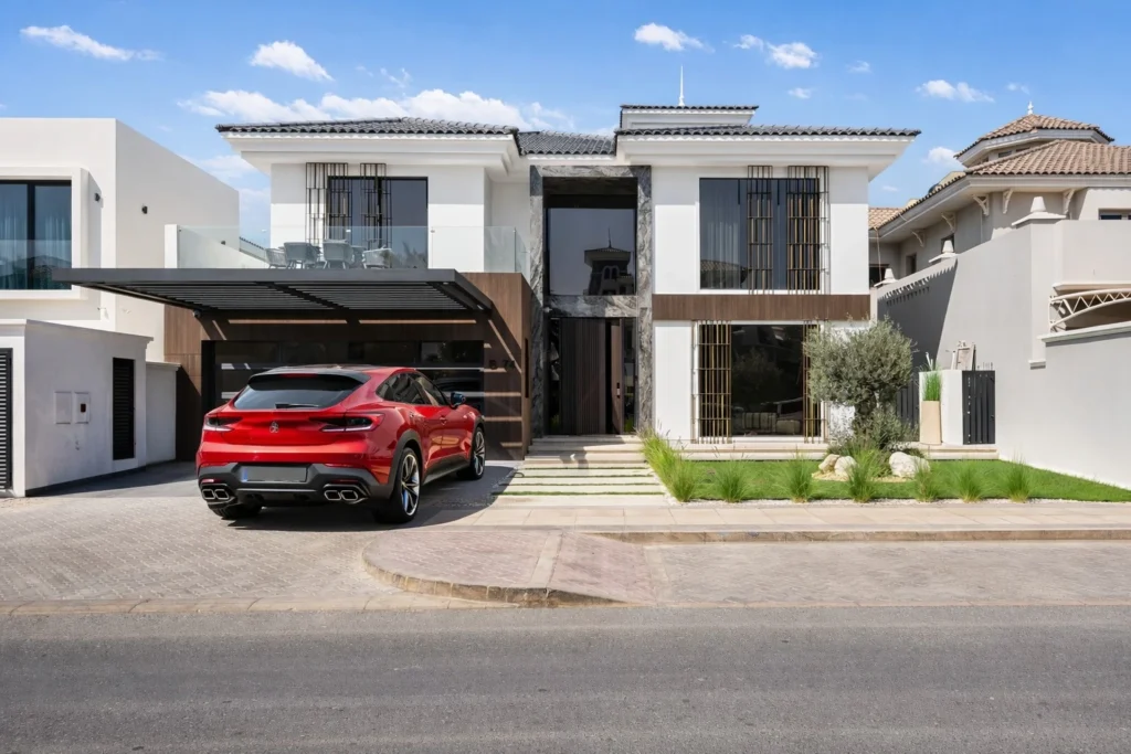 Modern two-story house with large glass windows, white facade, and a red sports car parked in the driveway. The scene conveys luxury and elegance.