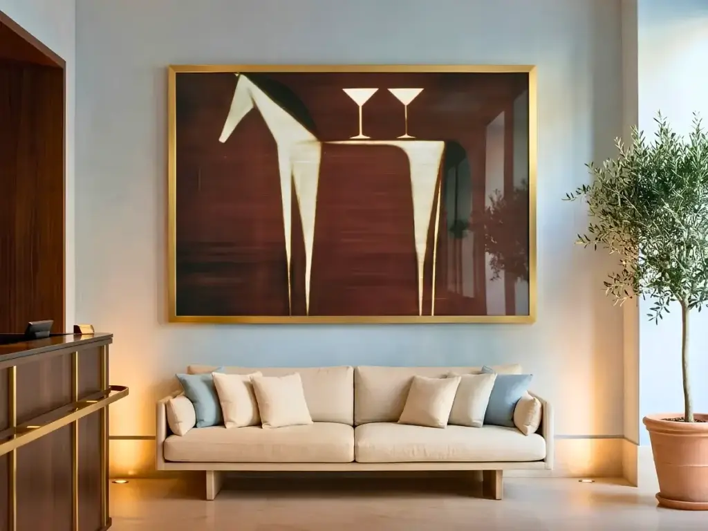A large painting of a horse hangs above a couch in a stylish interior, showcasing art consultancy by interioritalia.
