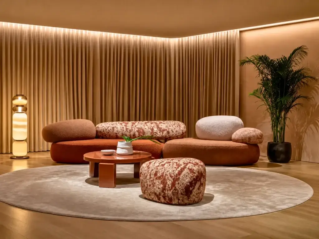 A stylish living room featuring a round couch and two matching ottomans, showcasing bespoke Italian furniture by Interioritalia.