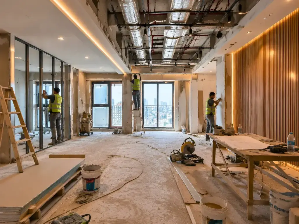 Construction workers engaged in a commercial renovation by interioritalia, transforming a large, unfinished indoor space with exposed ceilings, ladders, tools, and building materials scattered across the floor.