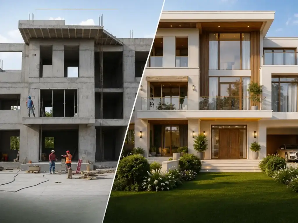 A side-by-side comparison shows a villa renovation by interioritalia, with the modern house under construction on the left and the completed home with landscaping on the right.