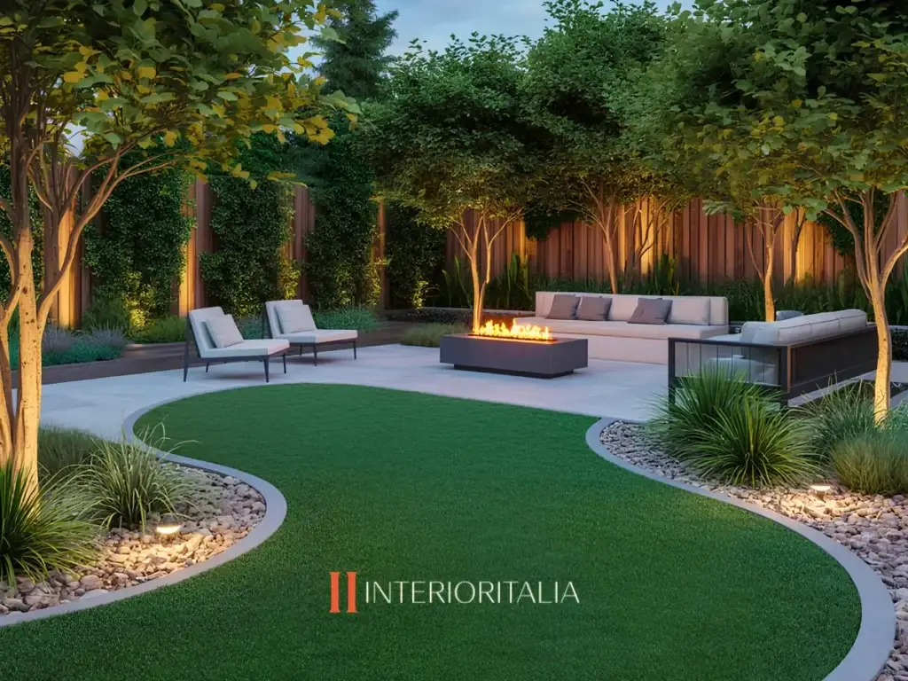 Serene backyard with a well-manicured lawn, modern seating, and a rectangular fire pit. Trees and decorative lighting create a warm, inviting atmosphere.