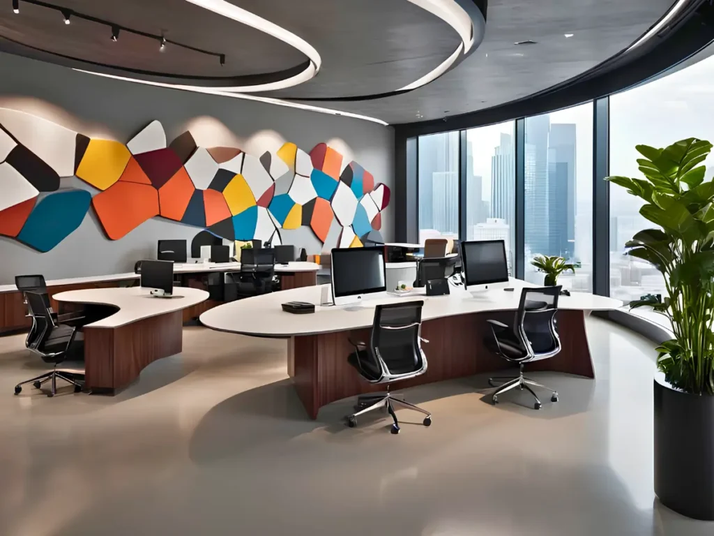 A modern office interior featuring colorful walls and a spacious desk, designed for a vibrant work environment.