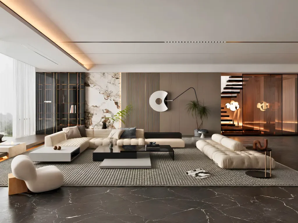 A modern living room featuring elegant marble floors and walls, showcasing contemporary interior design by Interioritalia.