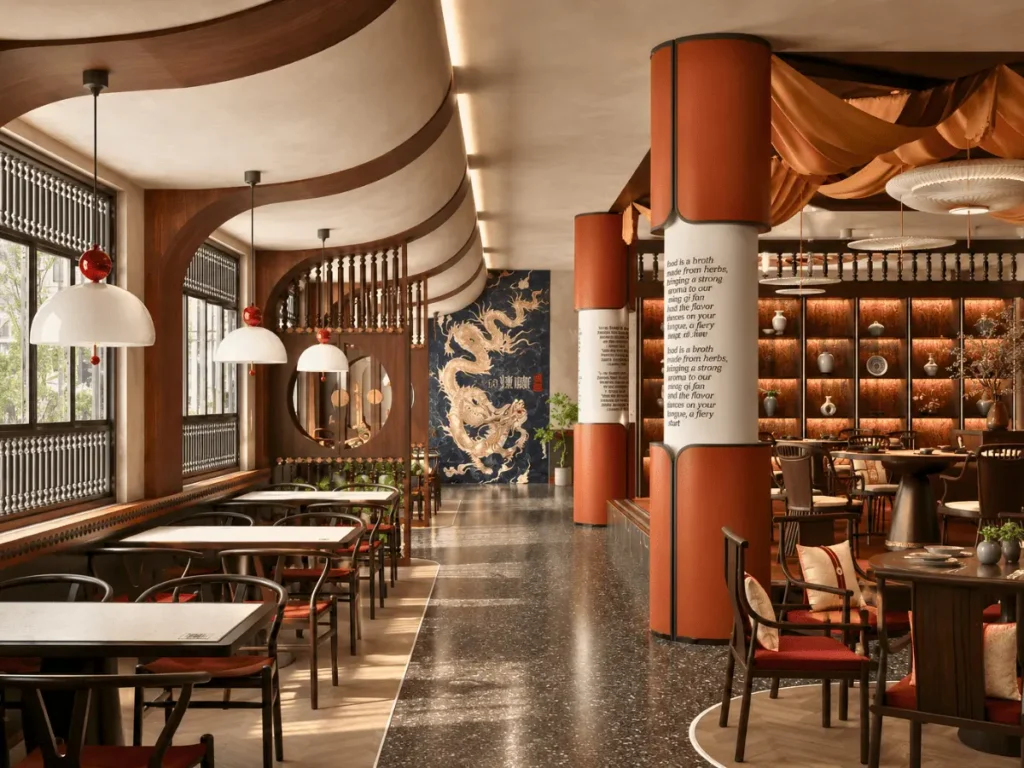 Spacious restaurant interior with wooden tables and chairs, round hanging lights, orange columns, and a large gold dragon mural on the back wall. Shelves with bottles line the side wall in this stunning restaurant fit out by interioritalia.