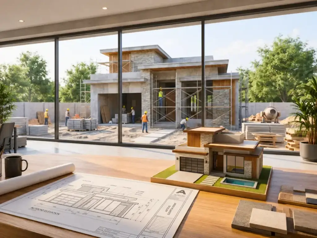 A workspace featuring construction plans on a desk, with a house view visible through the window.