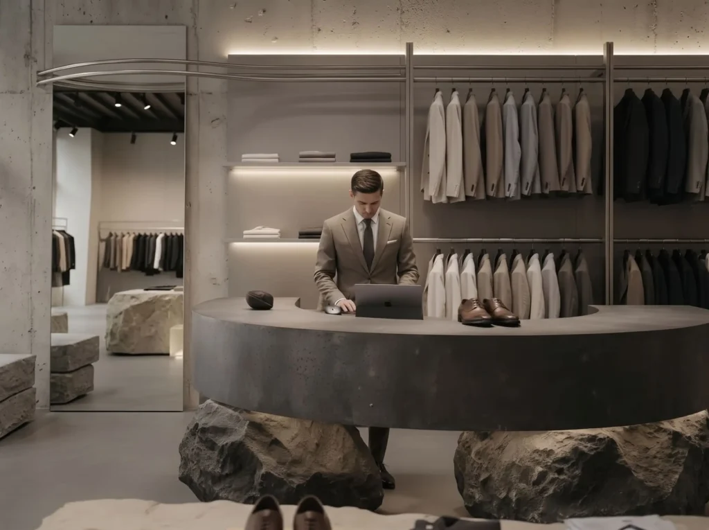 A well-dressed man in a suit stands behind a modern stone counter in a clothing store, beautifully showcasing realtor store design by interioritalia, with neatly arranged jackets, shirts, and shoes on display.