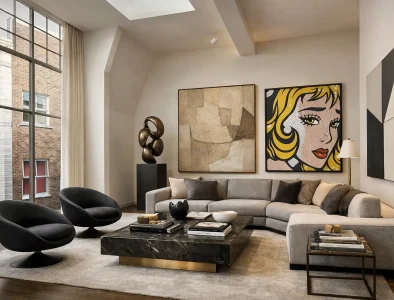 A living room featuring a large painting on the wall, created by the art advisory firm InteriorItalia.