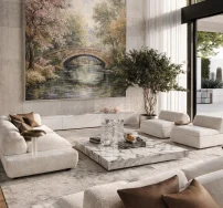 Expansive wall painting with Italian style sofa and marble, offered as part of interior design service in Dubai-UAE by interioritalia.