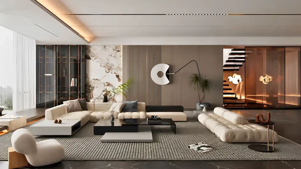 A modern living room featuring elegant marble floors and walls, showcasing contemporary interior design by Interioritalia.