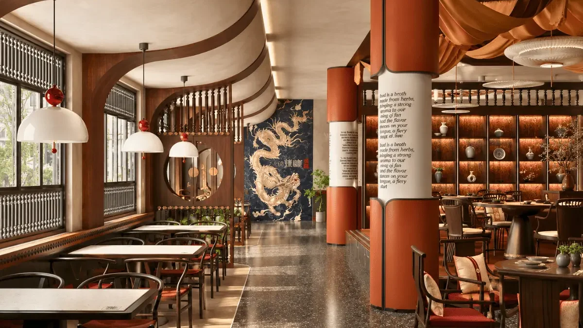 Spacious restaurant interior with wooden tables and chairs, round hanging lights, orange columns, and a large gold dragon mural on the back wall. Shelves with bottles line the side wall in this stunning restaurant fit out by interioritalia.