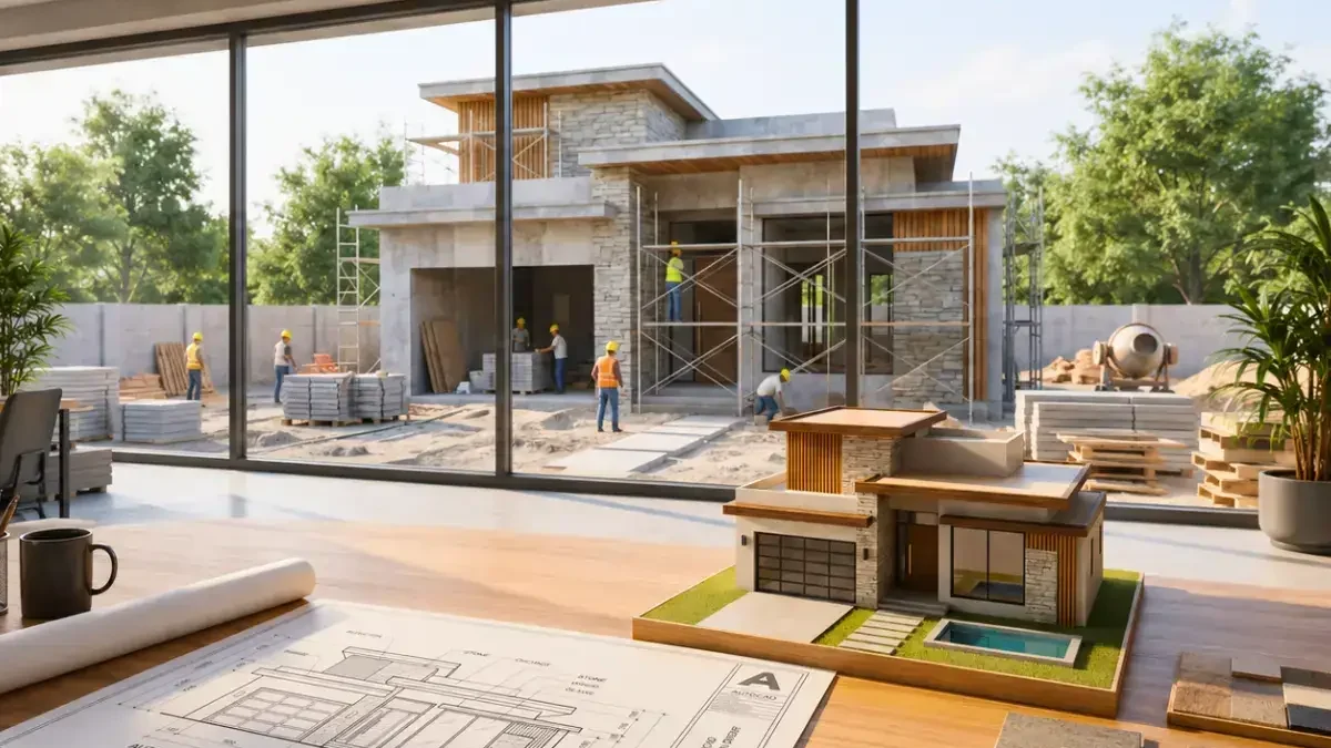 A workspace featuring construction plans on a desk, with a house view visible through the window.