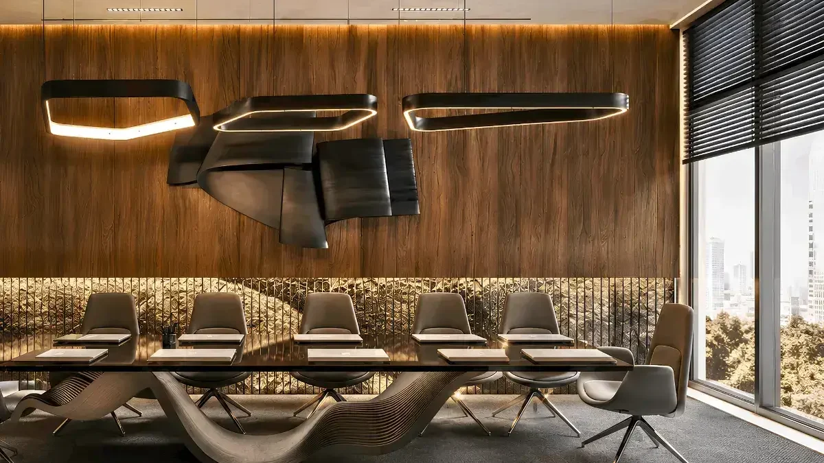 A modern conference room featuring a large table surrounded by ergonomic chairs, designed for collaborative meetings.