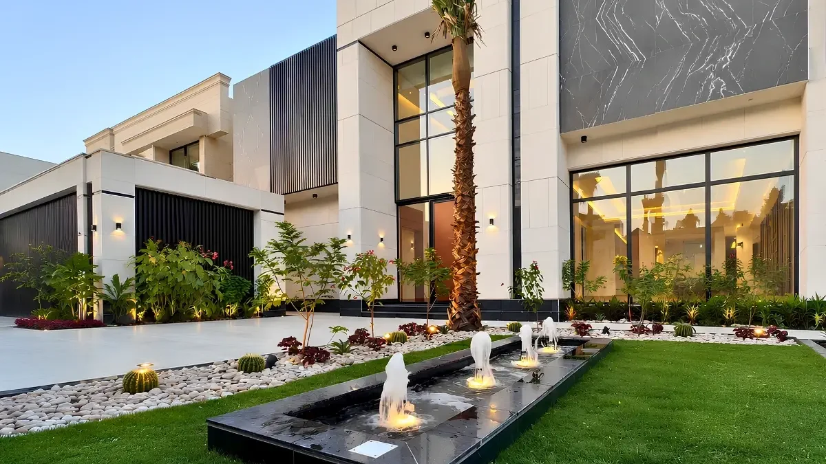 Modern house exterior with large windows and marble accents. A sleek fountain and lush landscaping with palm trees create a luxurious atmosphere.