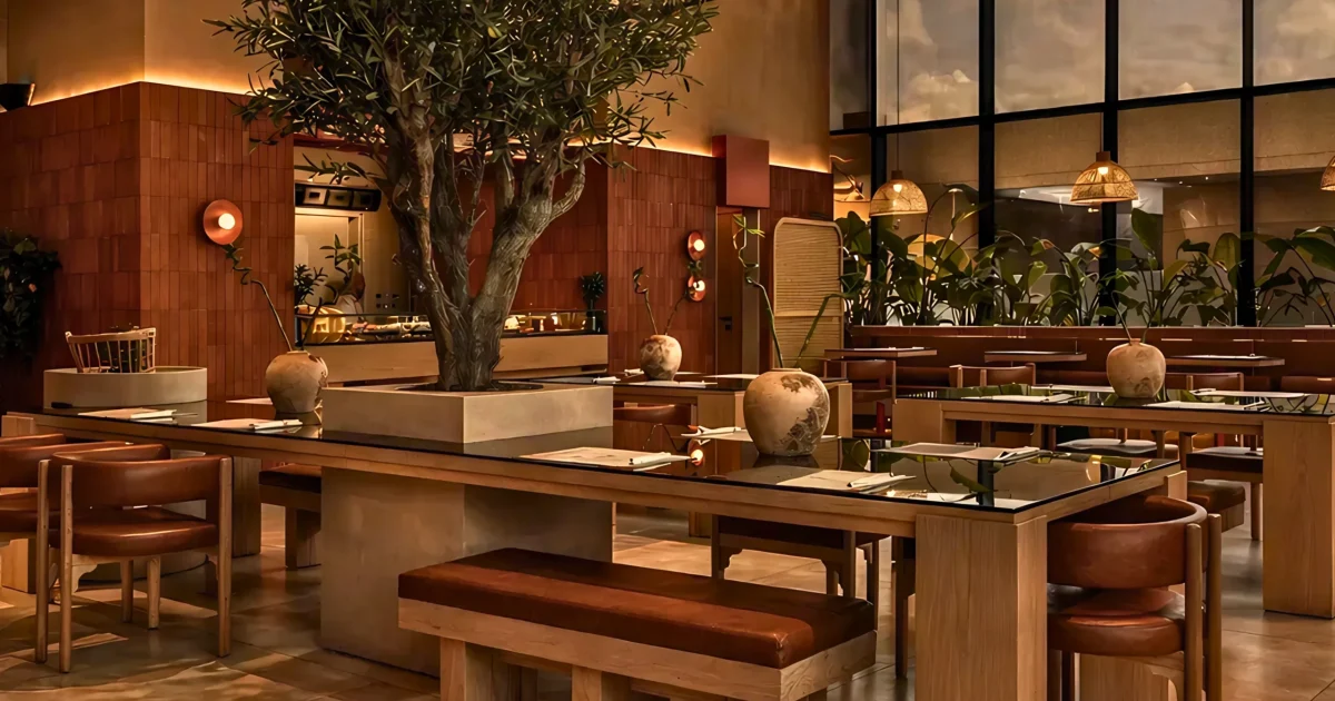 A warm, modern restaurant interior by f&b interior design by interioritalia, featuring wooden tables and benches, brown leather seating, decorative pottery, and a large tree. Floor-to-ceiling windows fill the earthy space with natural light.