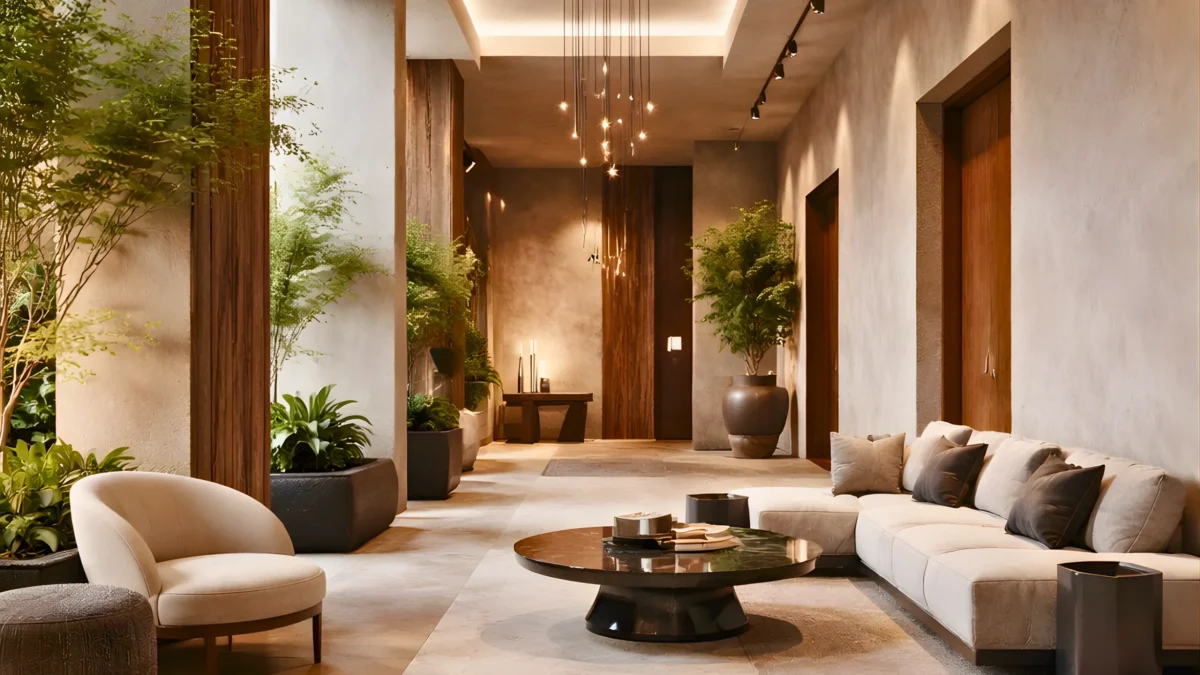 A modern, minimalist living room with neutral tones features a beige sectional sofa, round coffee table, plush chairs, potted green plants, and pendant lighting in a spacious, high-ceilinged interior.