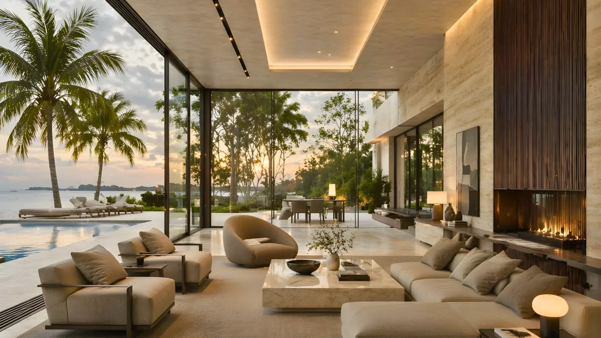 Modern, luxurious living room with beige sofas and a marble coffee table, featuring floor-to-ceiling windows overlooking a pool, palm trees, and an outdoor dining area at sunset. Warm lighting and a sleek fireplace enhance the ambiance.