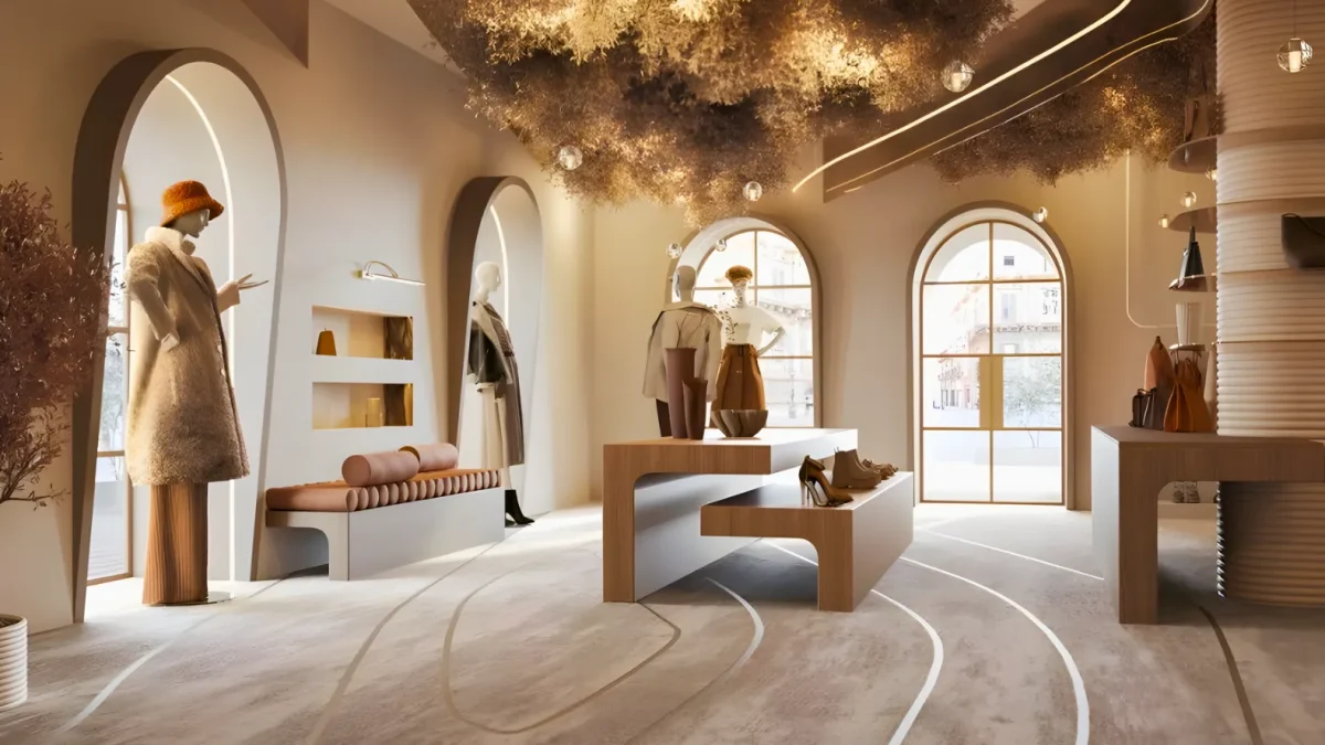 A stylish boutique with elegant mannequins dressed in neutral clothing, curved wooden displays, large arched windows, and a ceiling decorated with hanging foliage—showcasing retail interior design by interioritalia for a warm, inviting atmosphere.