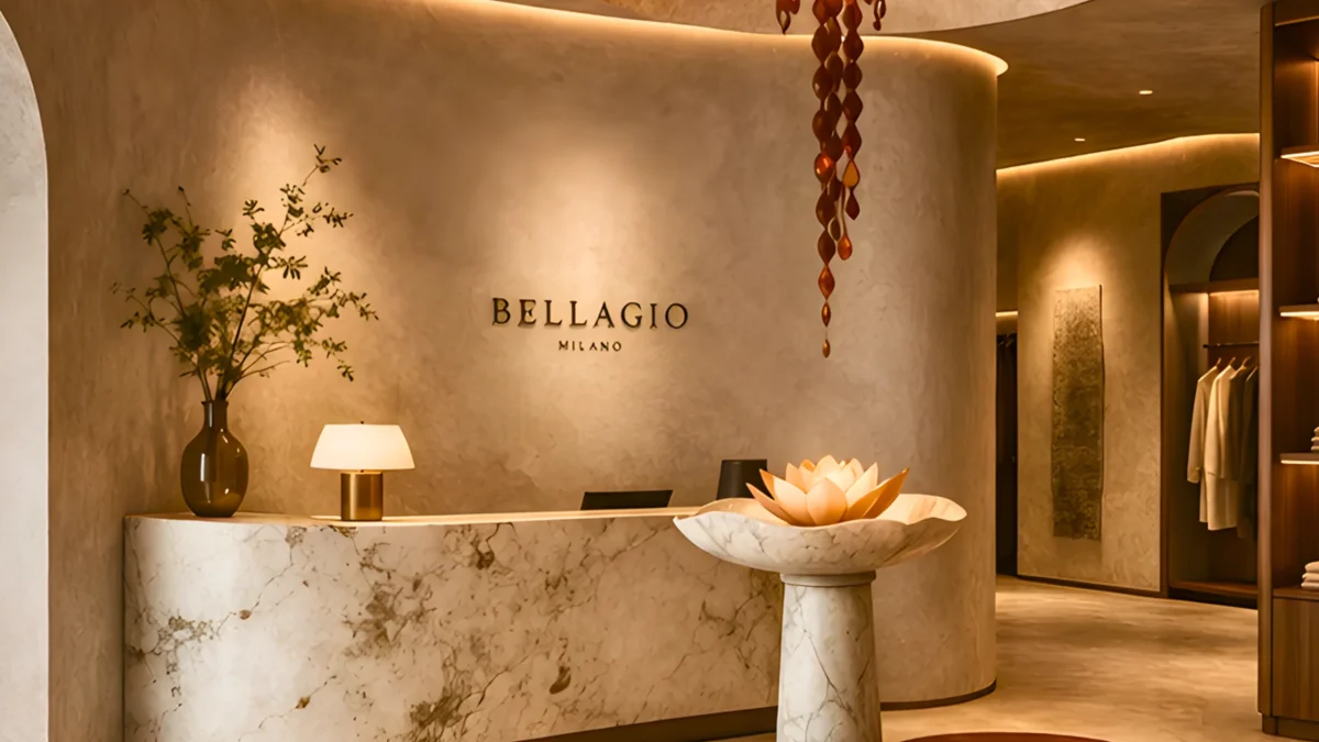 A modern luxury boutique featuring retail shop interior design by interioritalia, with curved walls, soft lighting, and shelves displaying designer handbags and accessories. Clothing racks are visible further inside the stylish, elegant store.