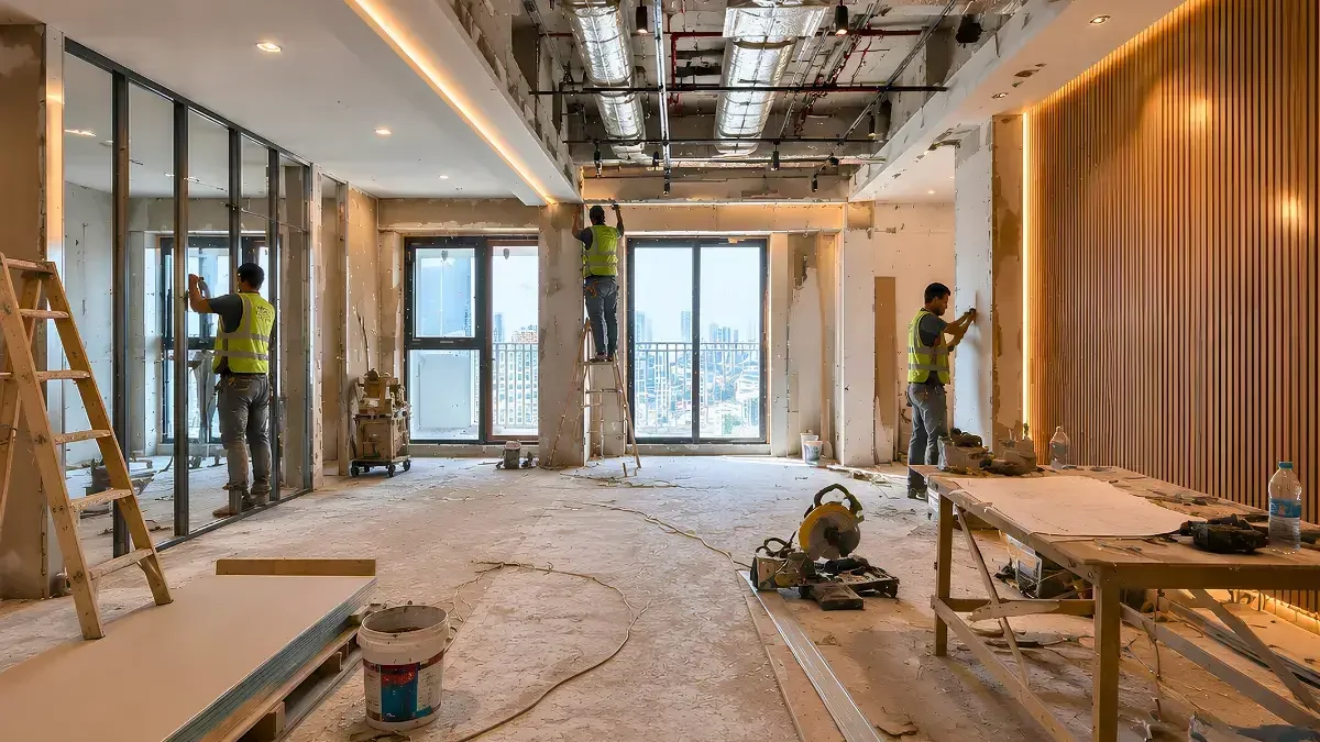 Construction workers engaged in a commercial renovation by interioritalia, transforming a large, unfinished indoor space with exposed ceilings, ladders, tools, and building materials scattered across the floor.