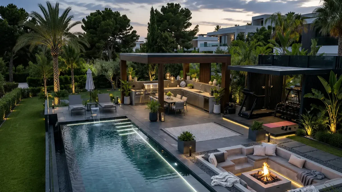 Modern backyard with a swimming pool, sunken fire pit seating area, covered outdoor kitchen, and lush landscaping at dusk.